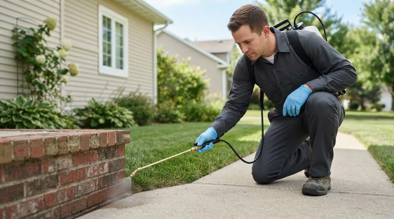Pest control technician treating a home near Minford, OH