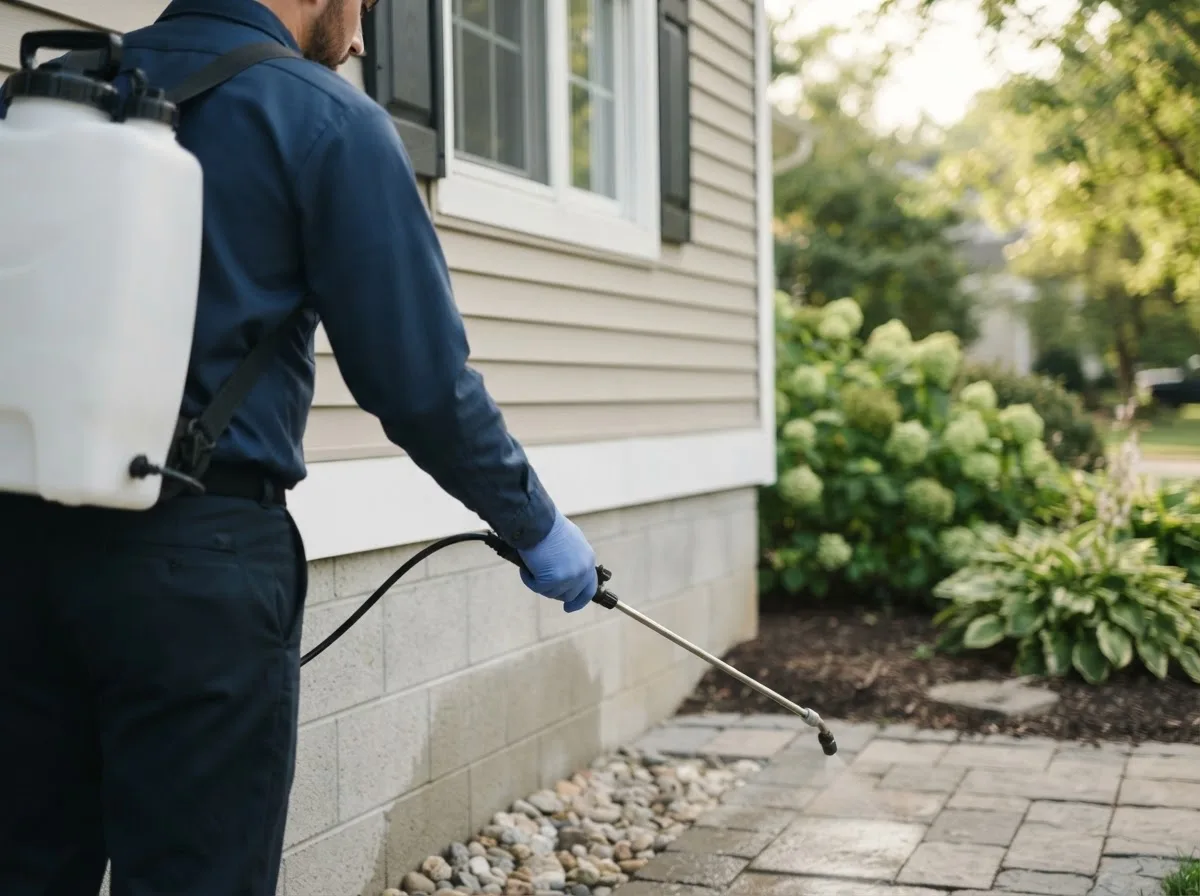 Pest control technician inspecting a home in Minford, OH